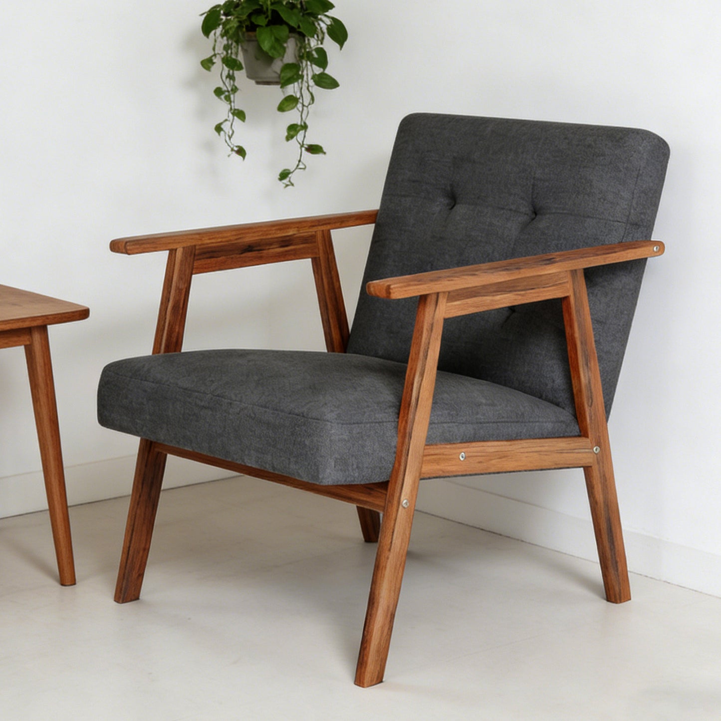 Mid Century Modern Accent Chair With Walnut Finish Thick Comfy Seat Cushion Upholstered Living Room Lounge Arm Chair For Living Room Bedroom Office Waiting Area Dark Grey
