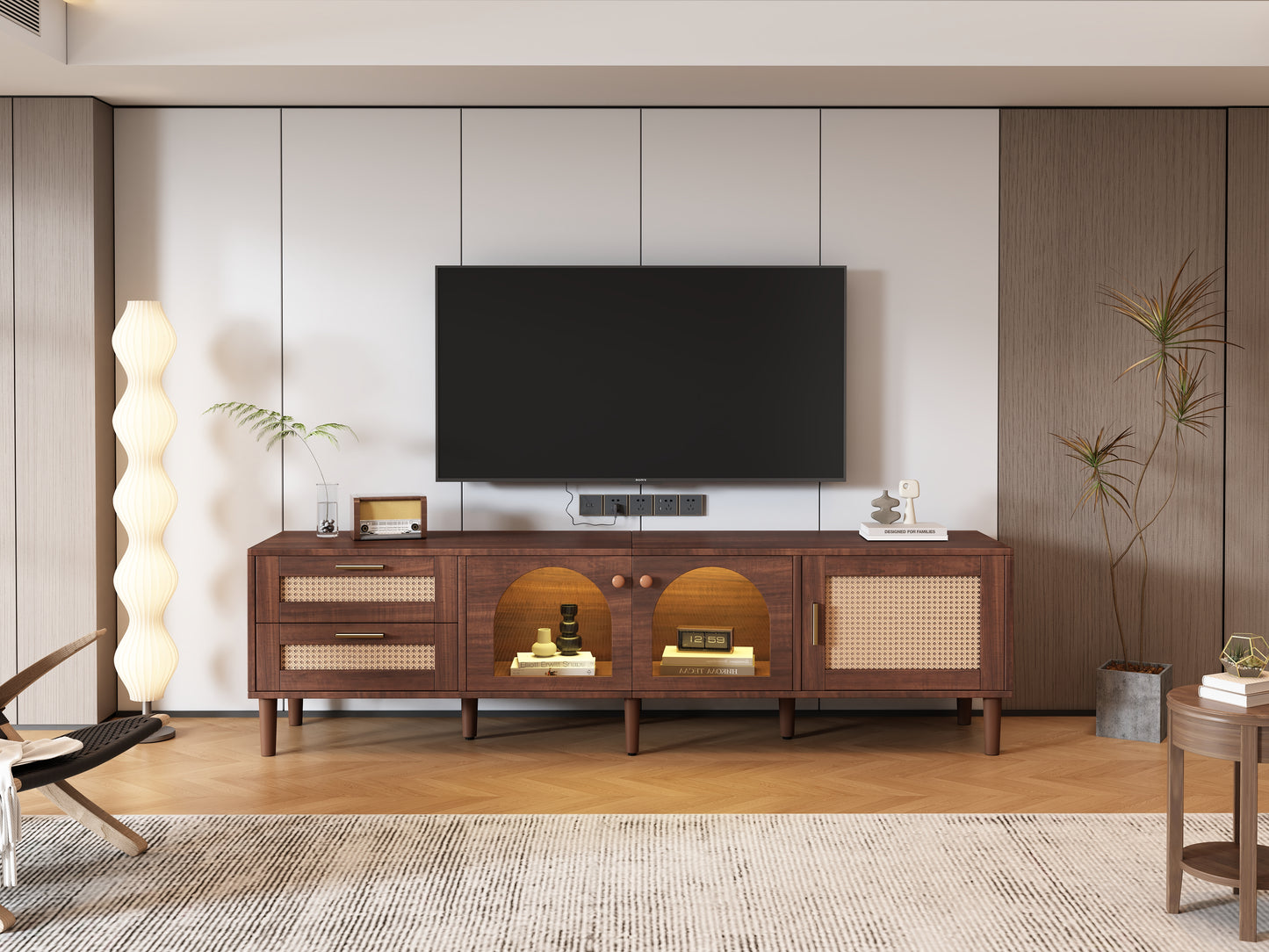 180cm Brown TV Cabinet For 80 TV  With 2 Rattan Drawers, 2 Arched Glass Doors And 1 Rattan Door, LED Lighting, Provides Stylish Storage, TV Board