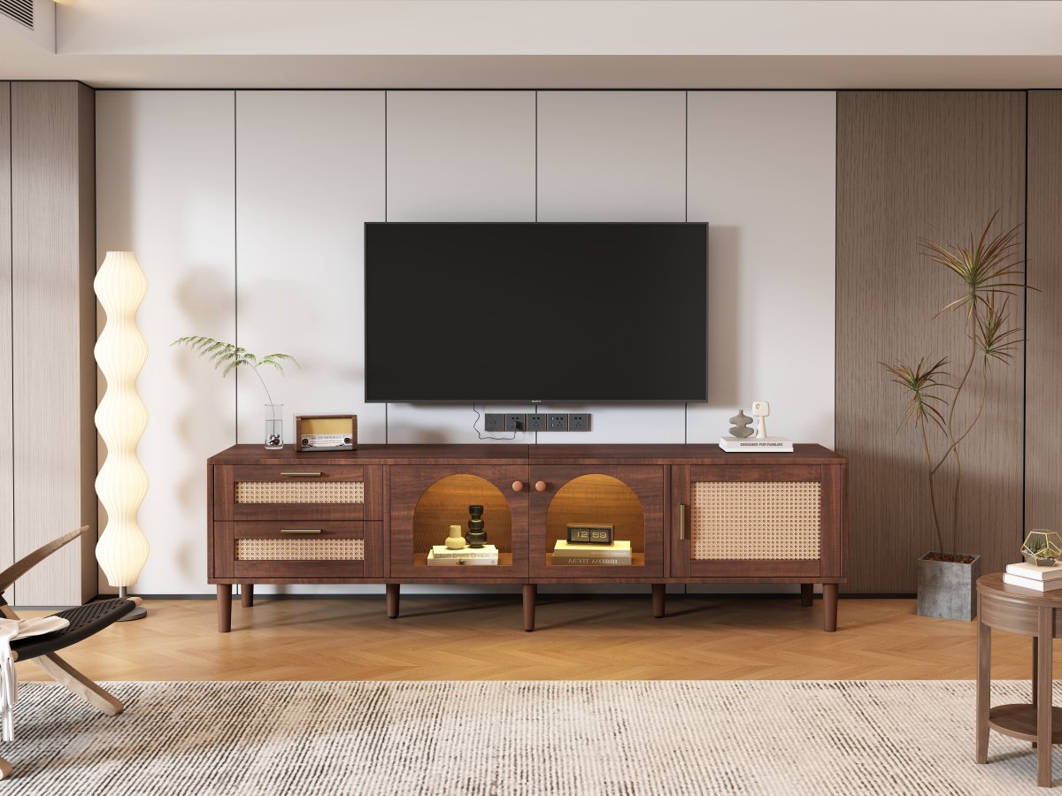 180cm Brown TV Cabinet For 80 TV  With 2 Rattan Drawers, 2 Arched Glass Doors And 1 Rattan Door, LED Lighting, Provides Stylish Storage, TV Board