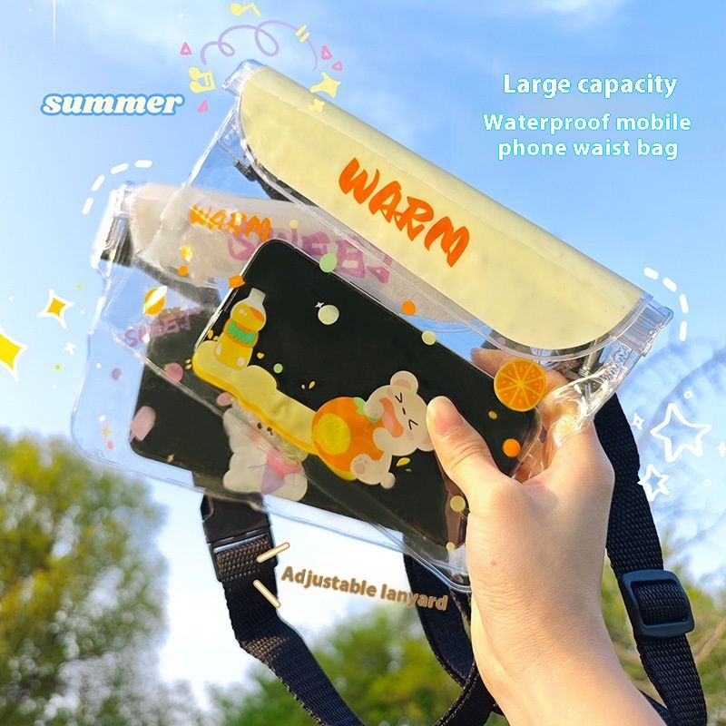 Mobile waterproof bag with adjustable waistband and touch screen for outdoor beach use