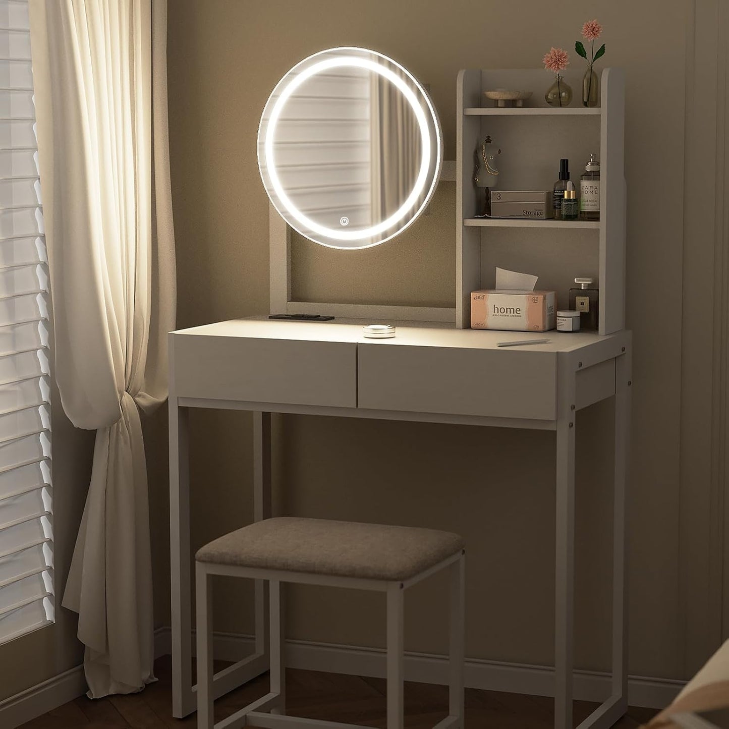 Small Vanity Desk With Mirror And Lights, Makeup Vanity Table With LED Mirror, 3 Lighting Modes, Power Outlet, Drawer, Open Shelves And Cushioned Stool For Bedroom  White