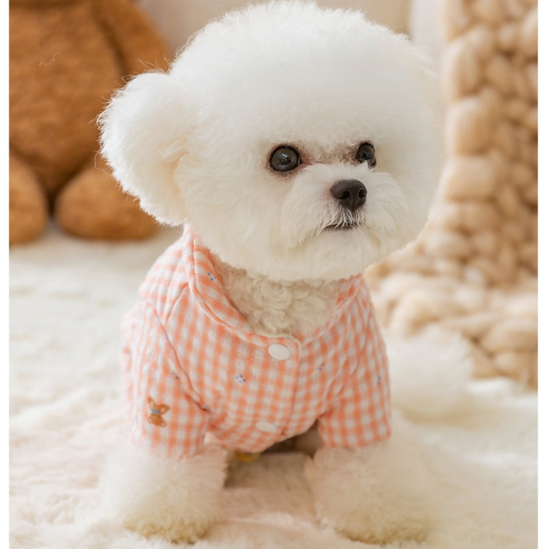 Cute Korean Cartoon Checkerboard Pattern Bear Full-printed Four-legged Cotton Coat For Dogs In Autumn And Winter, Teddy Pet Clothes For Cats