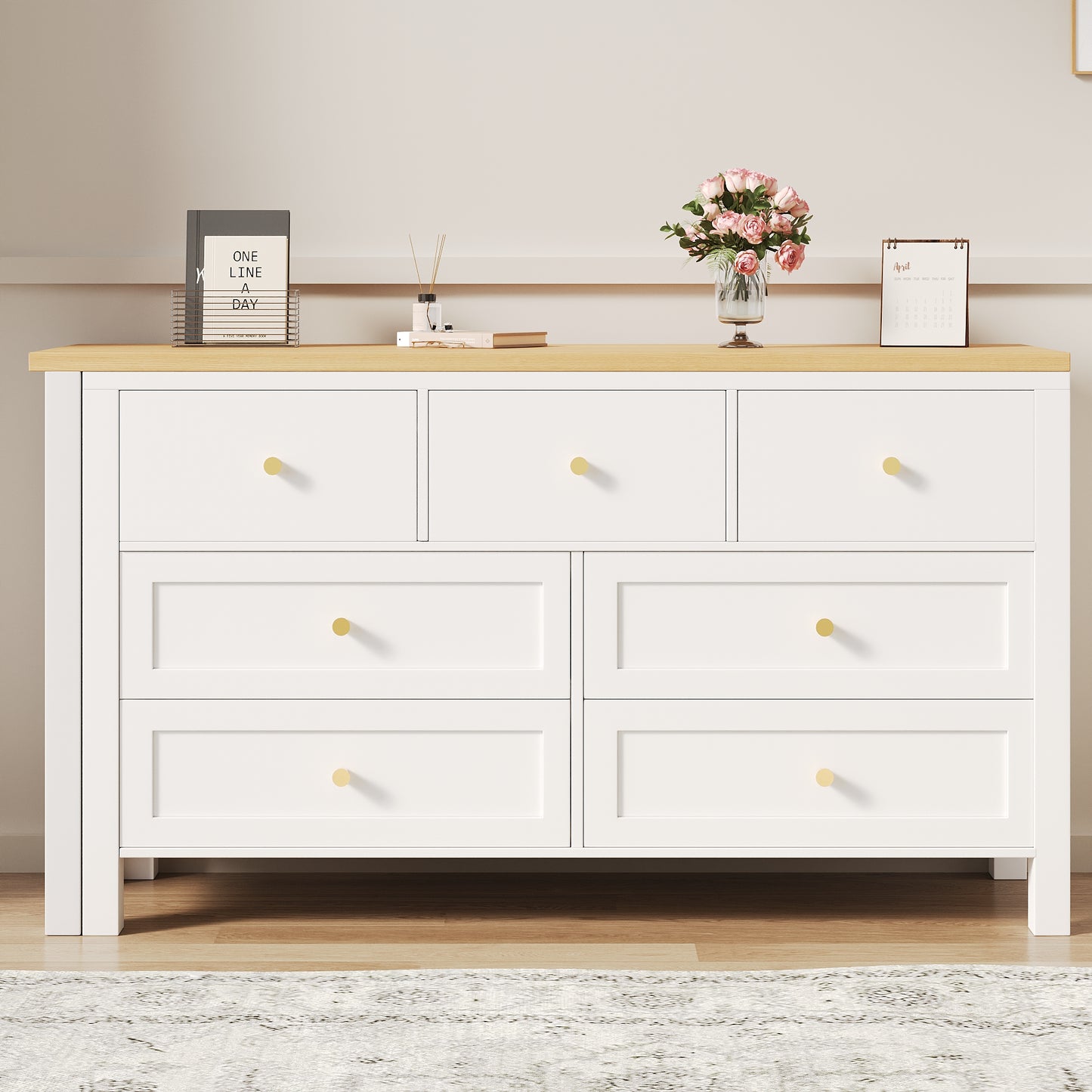 Desk With 7-Drawer Chest Of Drawers -2-in-1 Swivel Workbench And Sideboard, Oak Look, 360 Swivel Table Top, White  Natural, Desk, Dressing Table, L-Shaped Corner Desk