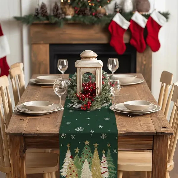 Christmas Table Runner 13x72 Inch, Xmas Trees Snowflakes Holiday Decorative Farmhouse Table Decoration For Kitchen Dinning, Indoor Outdoor Dinner Party Decor