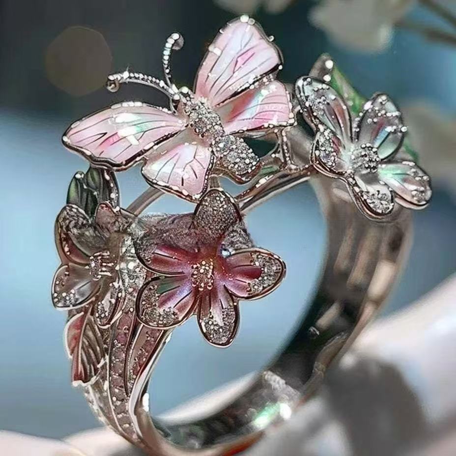 New Fashion Jewelry For Amazon, Exquisite Rhinestone Enamel Butterfly Flower Ring, Colorful Adjustable Open Band For Women