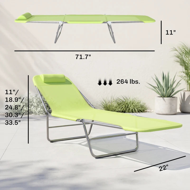 Folding Chaise Lounge Pool Chairs, Outdoor Sun Tanning Chairs With Pillow, Reclining Back, Steel Frame & Breathable Mesh For Beach, Yard, Patio, Green