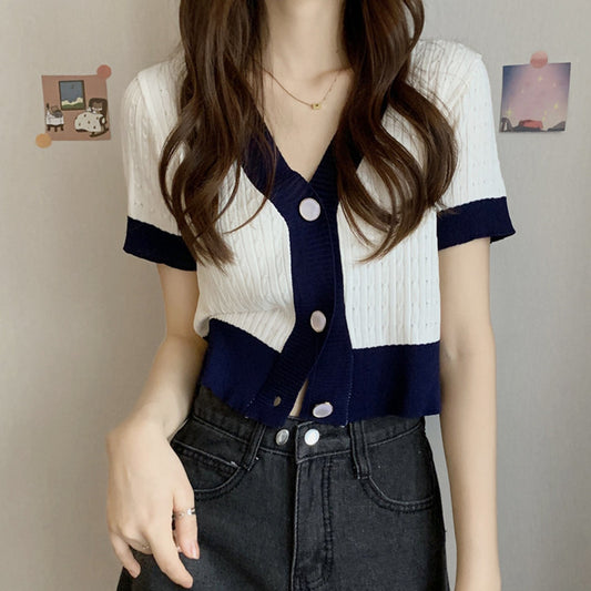 Retro V-neck Short-sleeve Knit Women's Summer Korean Loose Crop Top