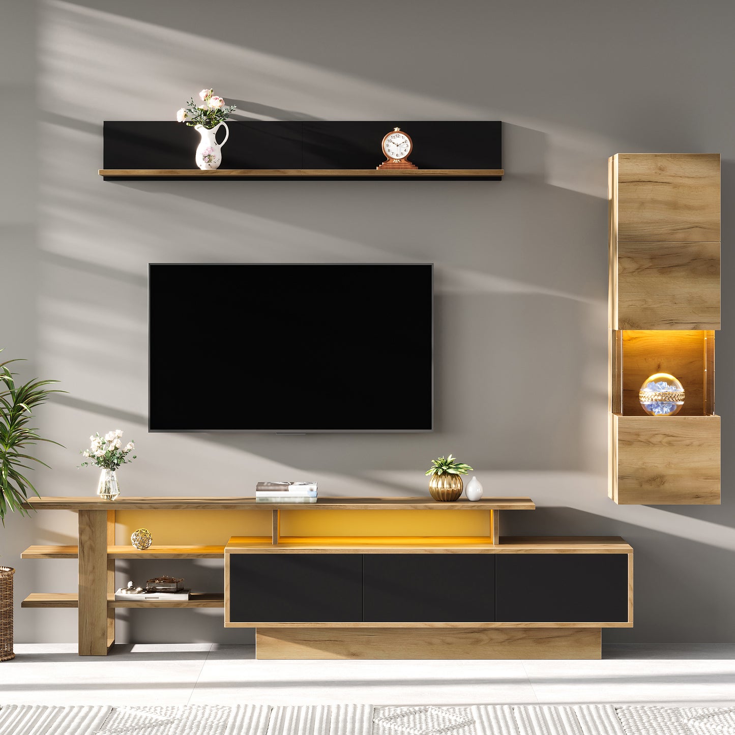 TV Wall Unit Set 3-Piece LED Lighting Living Room Furniture Set Frontal Wall Unit 1 X TV Cabinet, 1 X Living Room Display Cabinet, 1 X Hanging Shelf, TV Up To 80,Black  Natural Wood Color,TV Cabinet