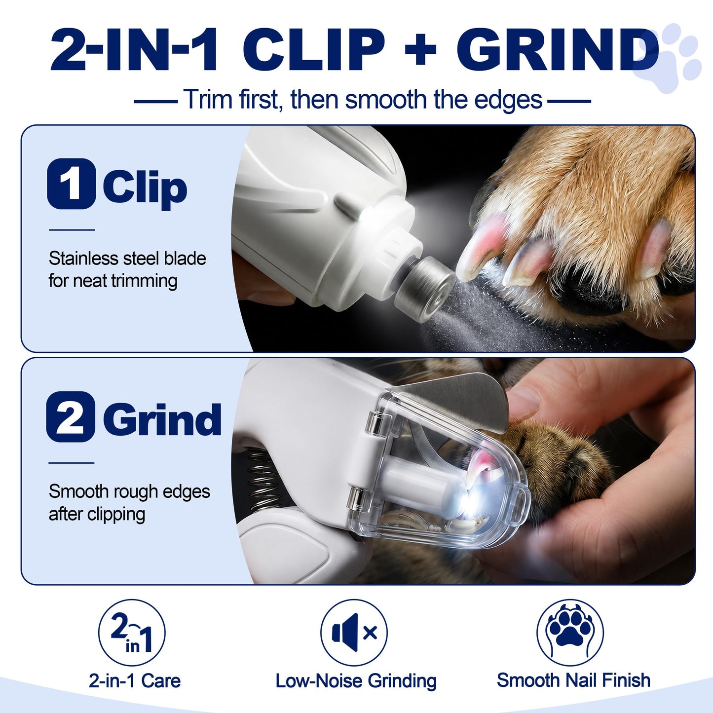 2-in-1 Dog Nail Clippers With Light - Electric Pet Nail Grinder Quiet For Small Large Dogs & Cats, LED Prevent Over Cutting, USB-C Rechargeable Safety Guard Grooming Kit For Black Nails