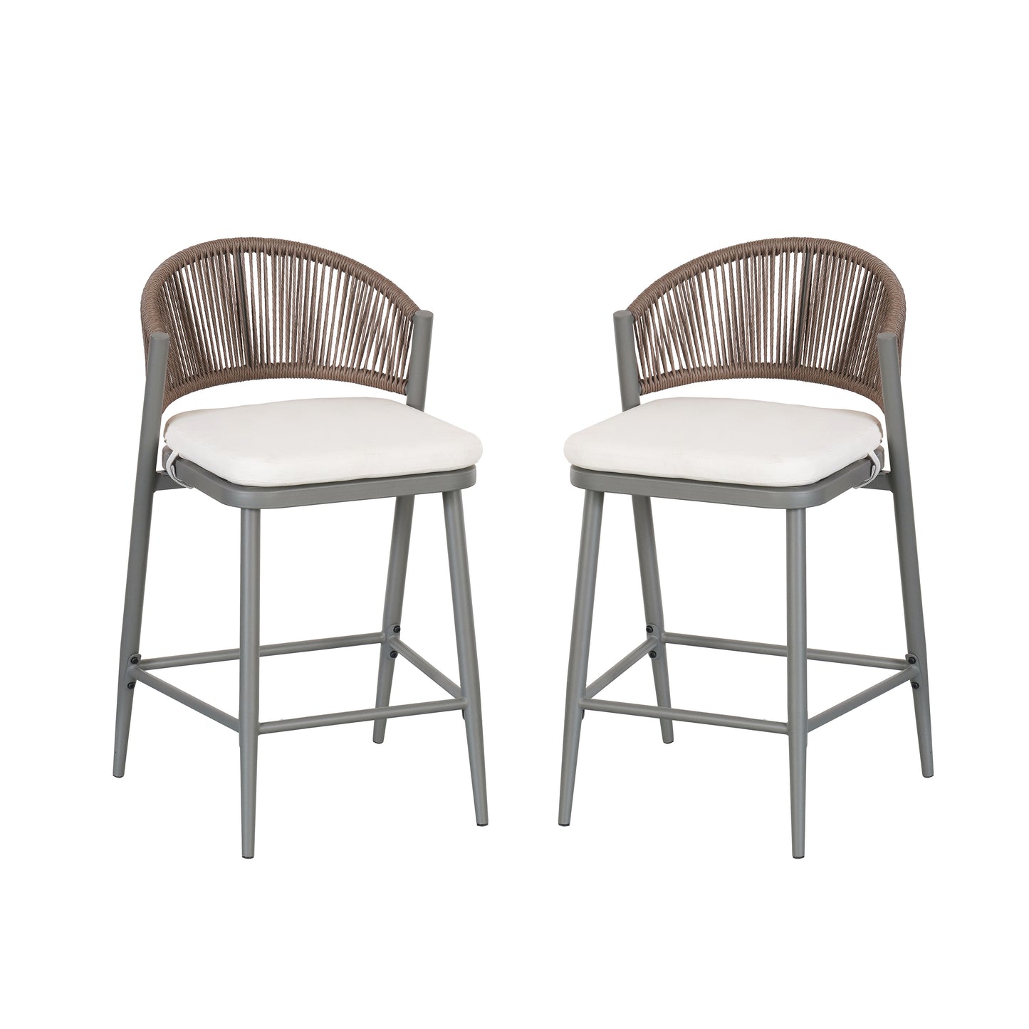 Outdoor 26 Seat Height Metal Frame Counter Stools With PE Rattan Scallop-shaped Backrest, Set Of 2, Matte Grey