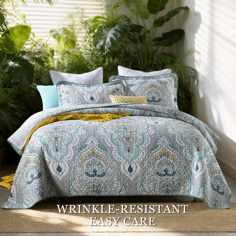 Cotton Reversible Quilt Bedspread Set Bohemian Moroccan Paisley Print Luxury 3-Piece All Season Lightweight Oversized Wide Drop Breathable Bedding For Full Queen 90X98 & King 98X106 Easy Care