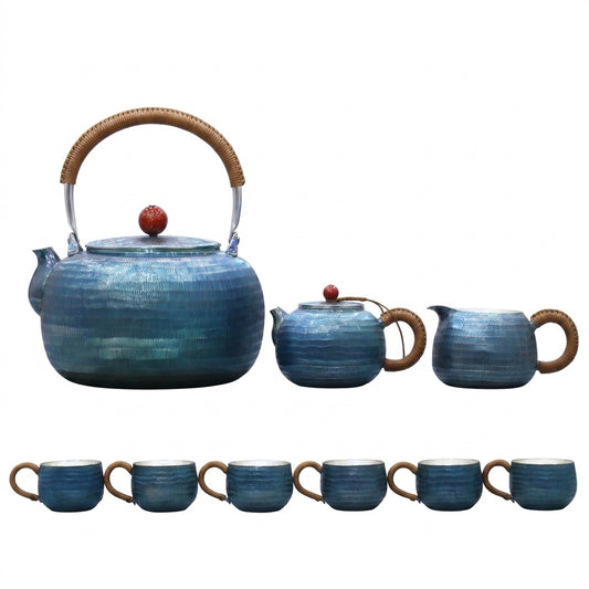 925 Sterling Silver Handcrafted Blue Ceramic Tea Set with Traditional Design and Bamboo Accents - Handicraft