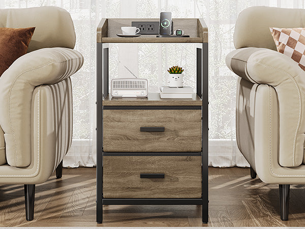Nightstand With Charging Station Modern Bedside End Side Table With Guardrail Storage Shelf 2 Fabric Drawers USB Ports AC Outlets
