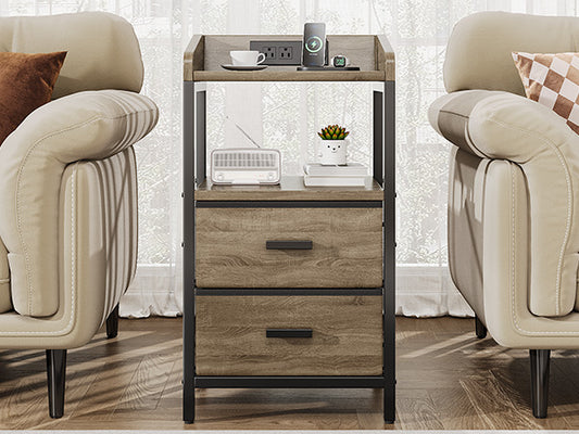 Nightstand With Charging Station Modern Bedside End Side Table With Guardrail Storage Shelf 2 Fabric Drawers USB Ports AC Outlets