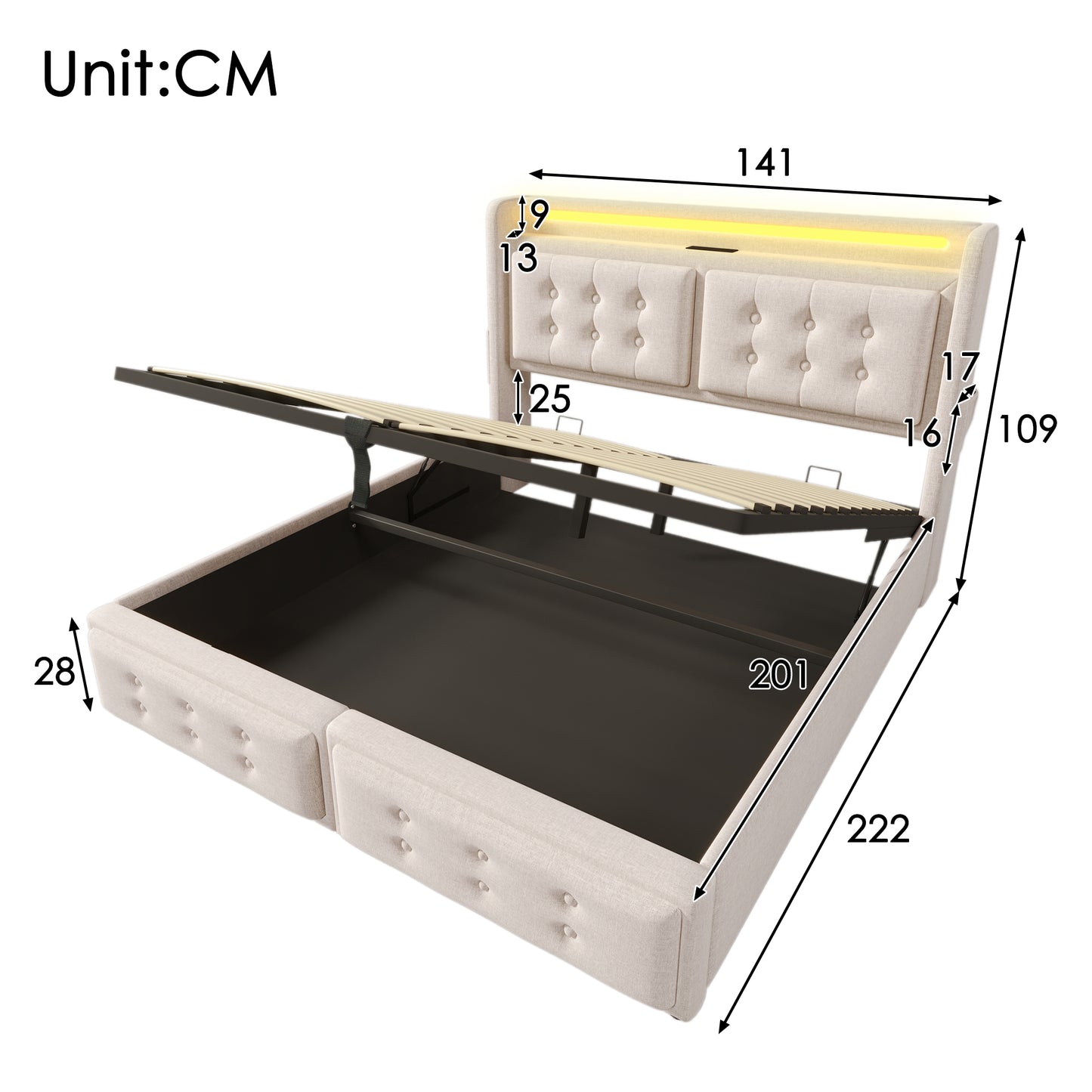 Upholstered Bed 140x200, Double Bed With LED Headboard And USB C Charging Function, Hydraulic Bed With Wooden Slatted Base And Metal Frame, Load Capacity 300 Kg,Beige,Cotton Without Mattress