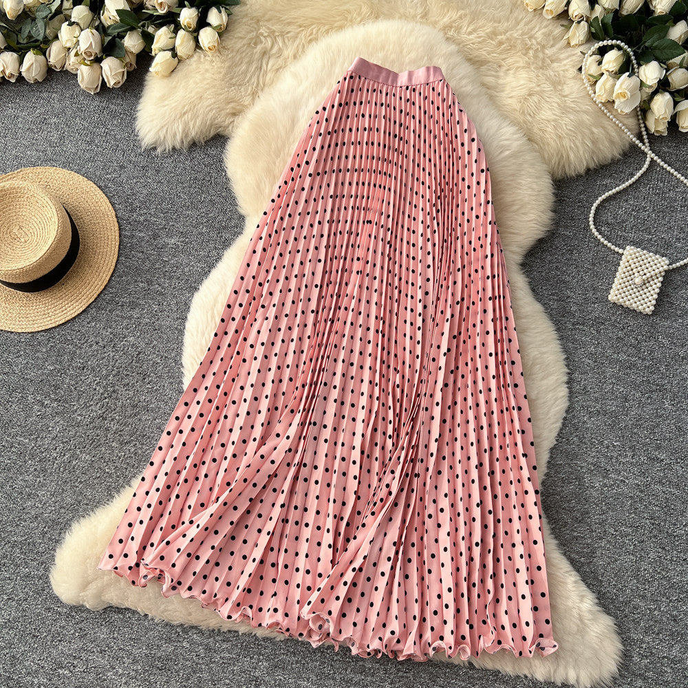Korean-style Mid-length Polka-dot Pleated Skirt Elegant Midi Skirt