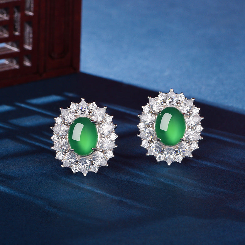 S925 Sterling Silver Halo Stud Earrings, 9x7mm Oval Green Chrysoprase, Platinum Plated 6.6g Elegant Earrings With Fashion Gift Box