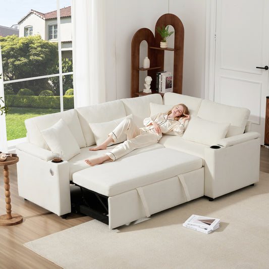 L-shaped Pull-out Corner Sofa, Canape Convertible With Storage, Cup Holder, USB Charging Port, Armrest Rest And Four Cushions. Suitable For Living Room, Guest Room, Home Theaters And Living, Beige