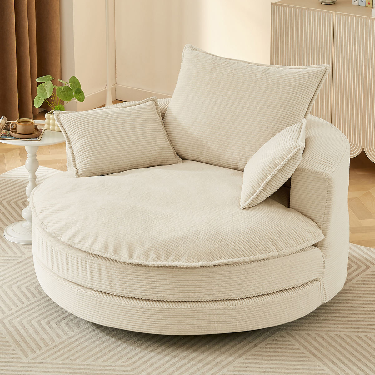360° Swivel Sofa Chair Accent Barrel Chair 57.5"  Swivel Round Chair with Dual-layer Cushion Design and 3 Removable Pillows for Living Room, Bedroom, Office and Hotel, Beige