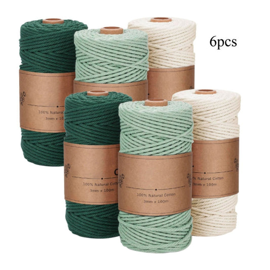 Set Of 6 Cotton Cords For Crafts, 3 Mm X 100 M Per Roll, 3 Colors (2 Of Each), Natural Cotton Ropes For Macramé, DIY Crafts, And Wall Decor