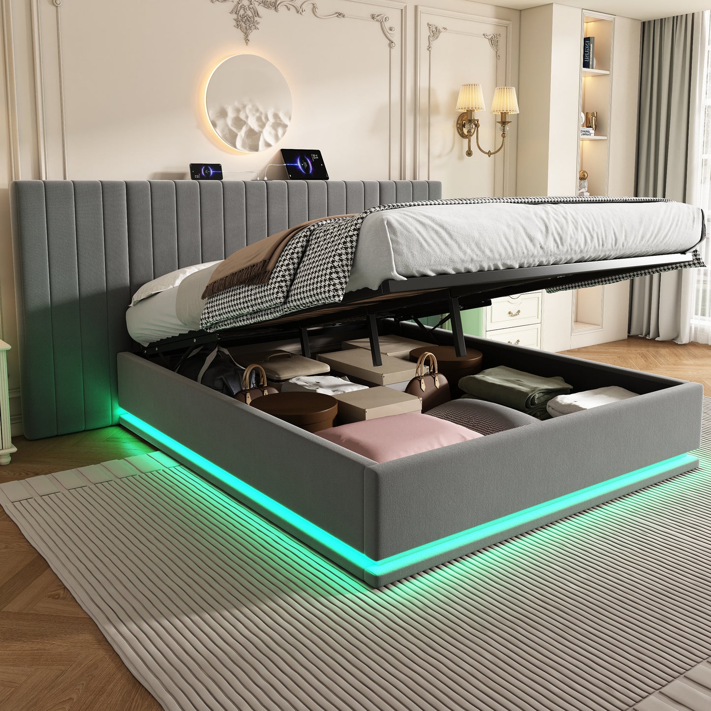 King Ottoman Bed With LED Lighting, Velvet Hydraulic Storage Bed With Charging Station, 5ft King Bed Frame Channel Tufted With Wide Headboard, USB And Type - C Ports, Grey No Mattress