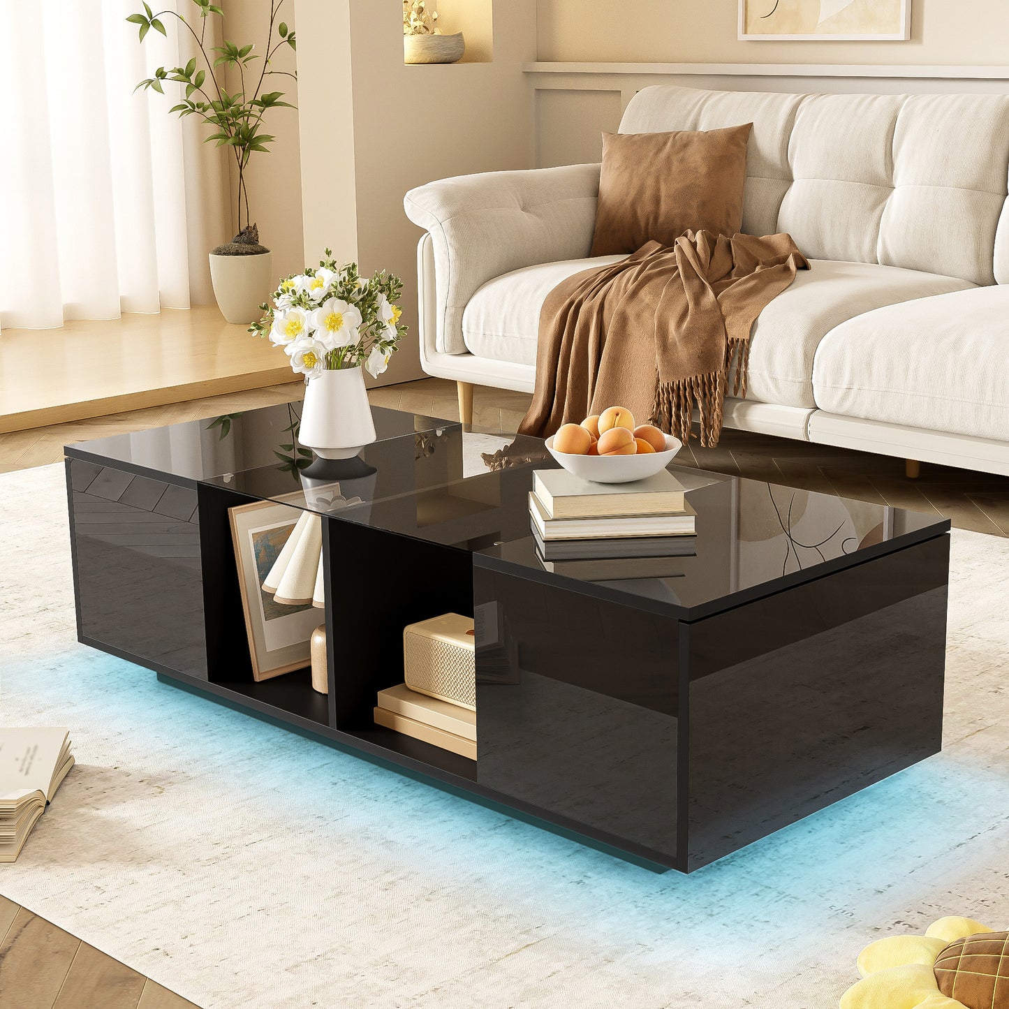 Modern Black Coffee Table With LED Lighting, High Gloss Top, 120 X 50 X 38.5 Cm
