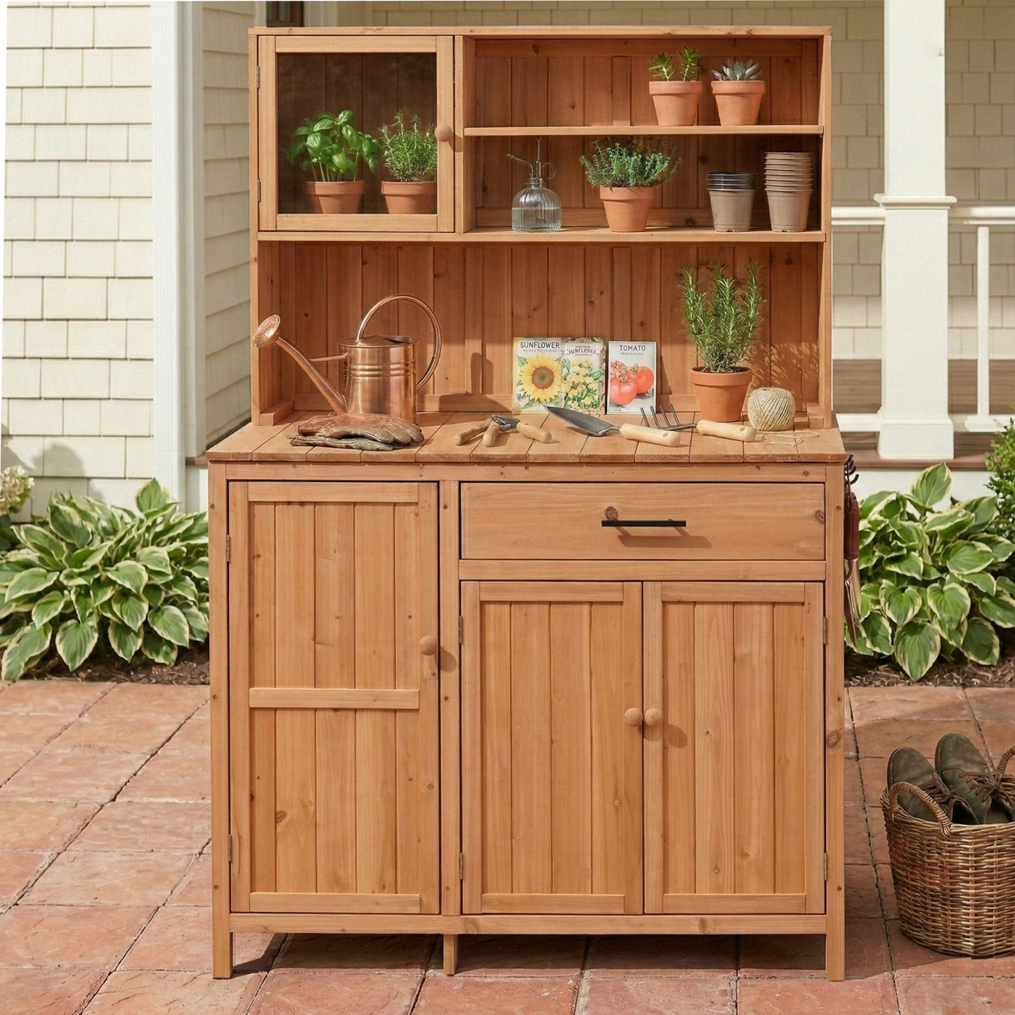 With Assembly Video  TOPAMx Potting Bench With Hutch 65  H Solid Fir Wood Garden Workstation  Large Countertop  Patio Kitchen Island With Adjustable Shelves  Spice Rack  Side Hook And Drawer  Natural