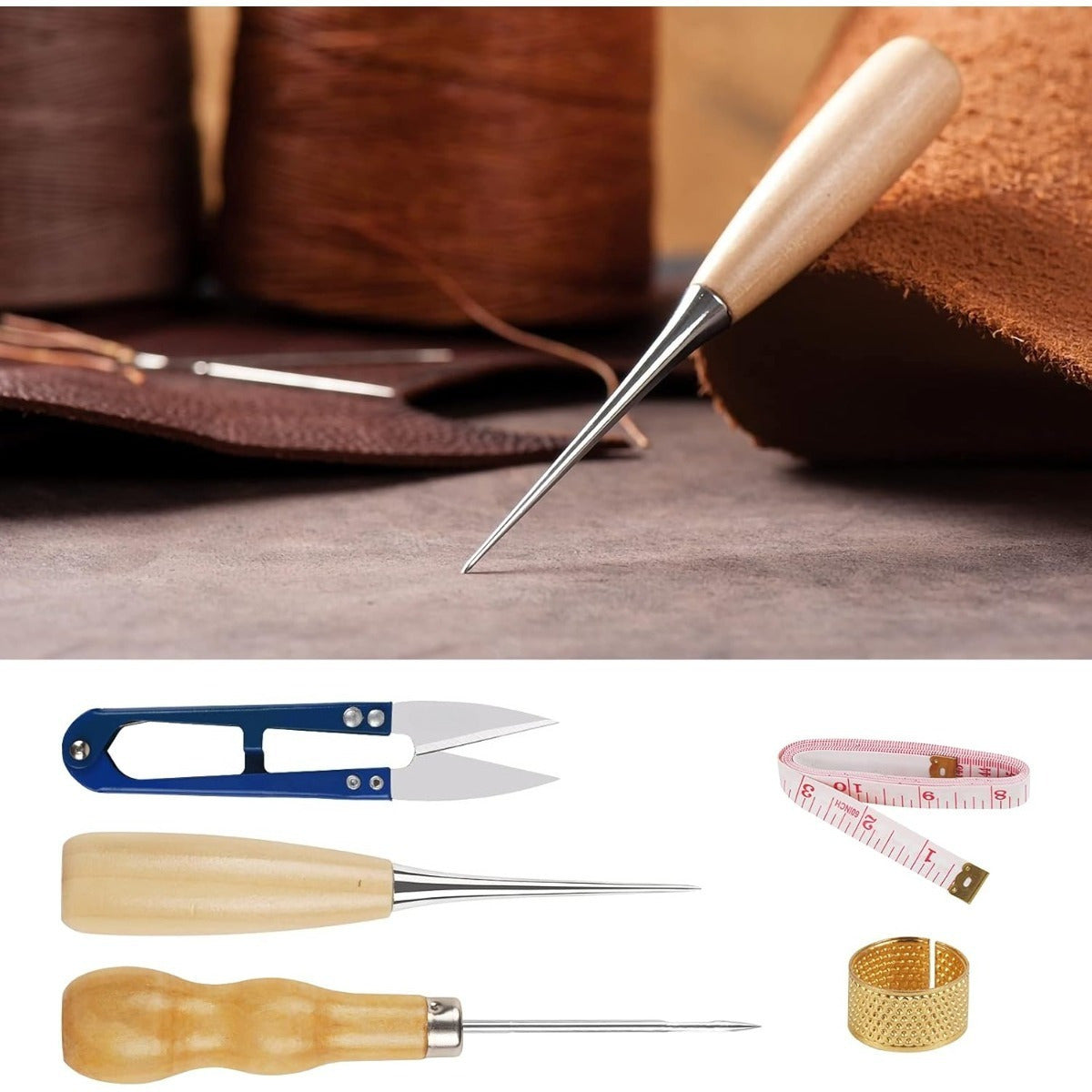 22-Piece Leather Sewing Kit For Leather Crafts; Includes A Leather Awl, Hand Leather Needles, 8 Rolls Of Leather Waxed Thread, And 9 Leather Needles—leather Crafts, DIY Sewing, And Hand Sewing