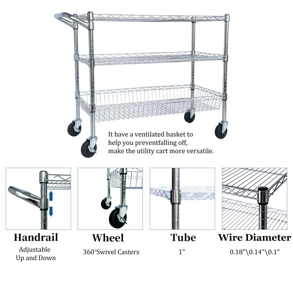 Heavy Duty Rolling Utility Cart,3 Tier Rolling Carts With Wheels,with Handle Bar & Shelf Liners,36inchx18inchx32inchStorage Cart For Kitchen,Restaurant,Plant Display,Chrome