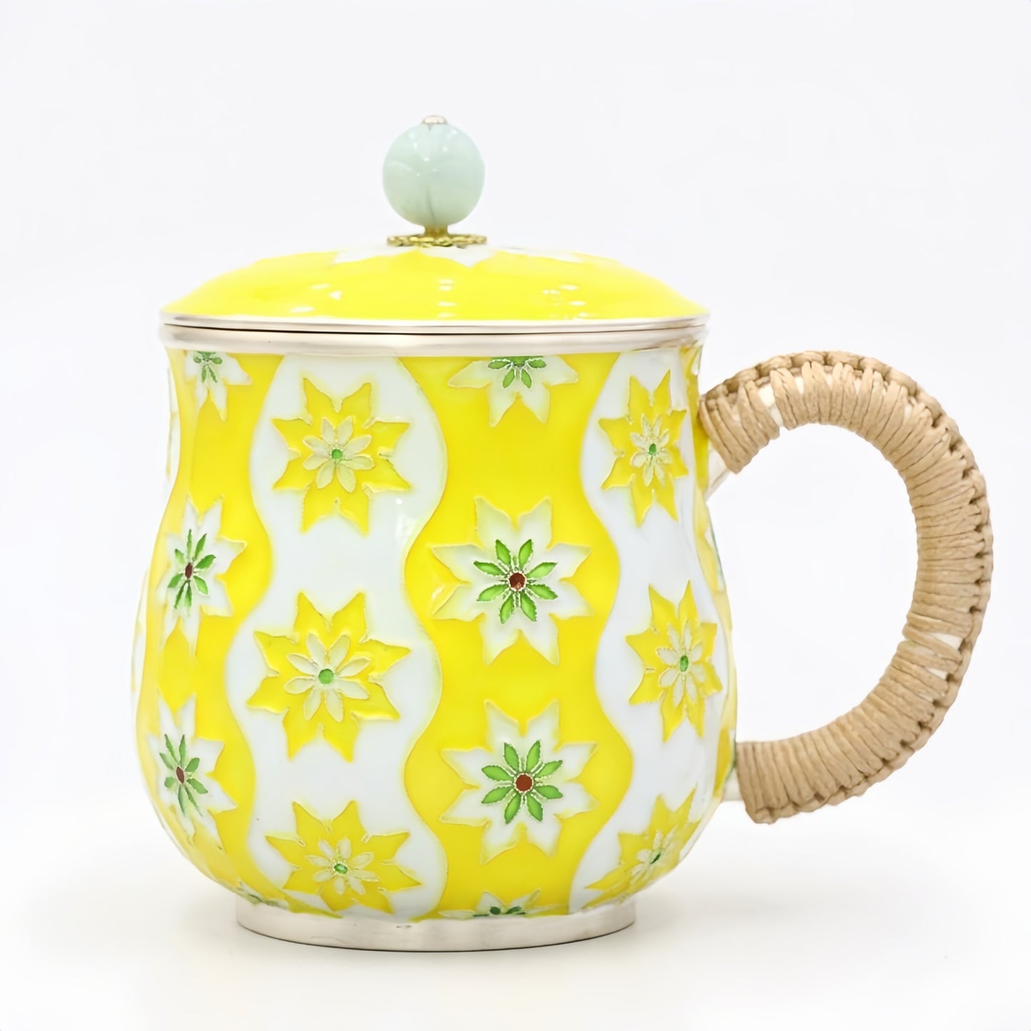 925 Sterling Silver Elegant Floral Enamel Tea Mug with Woven Handle and Jade Inlay Lid - Handicraft
