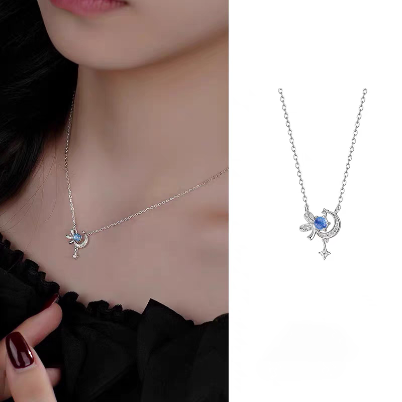 1pc 999 Sterling Silver Diamond Moon Star Bow Pendant Necklace, Delicate Sweet Style, Perfect For Daily Wear & Valentine's Gifts