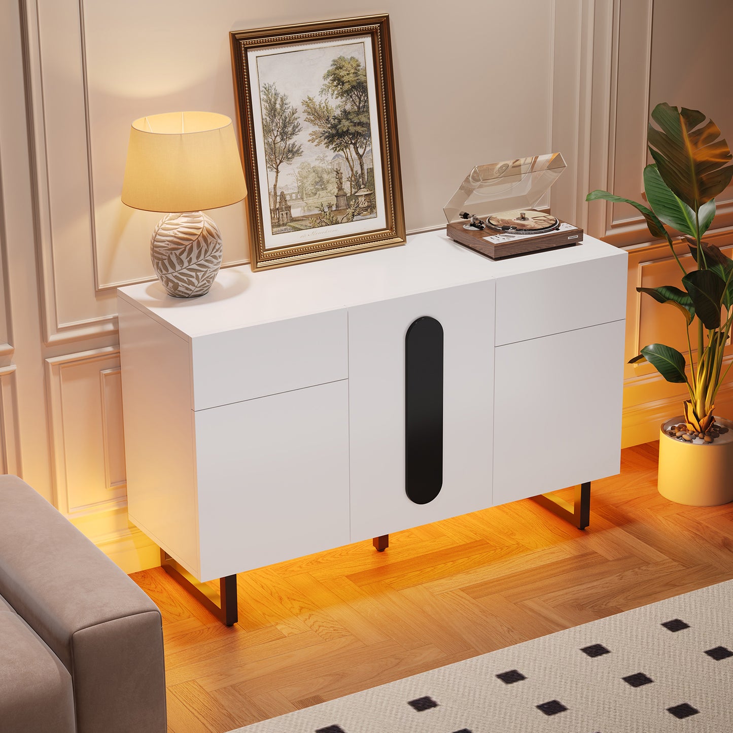 Modern Sideboard 120 Cm With Large Storage Space, Drawers & Doors  White With Black Handles & Metal Legs, Versatile In The Dining Room, Living Room Or Kitchen  Stylish, Practical & Stable.