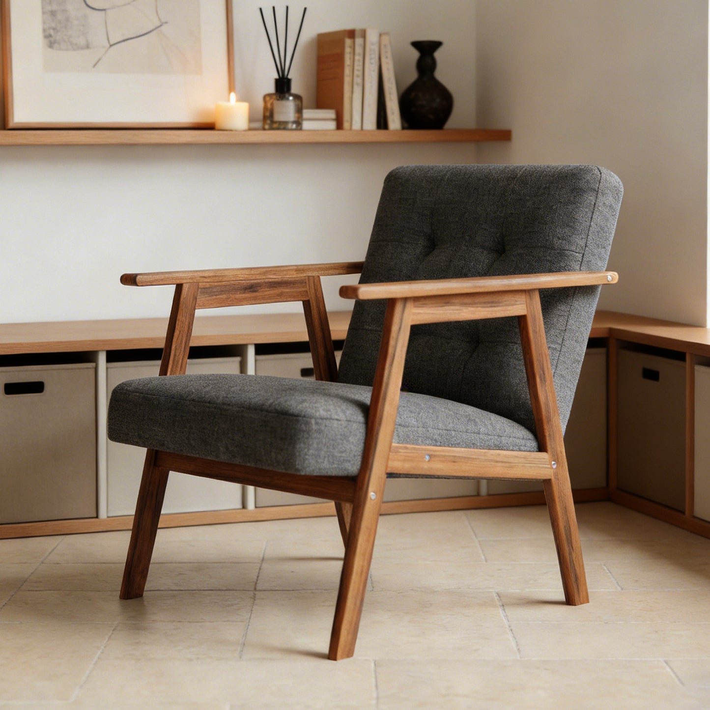 Mid Century Modern Accent Chair With Walnut Finish Thick Comfy Seat Cushion Upholstered Living Room Lounge Arm Chair For Living Room Bedroom Office Waiting Area Dark Grey