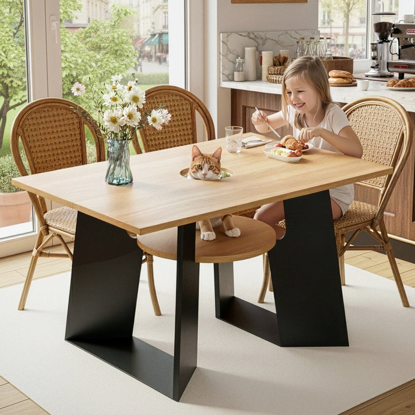 Pet-friendly Dining Room Kitchen Table With Pet Area & Storage Rack, Rectangular For 6 People  130X85X75 Cm , Natural Wood-black Mix