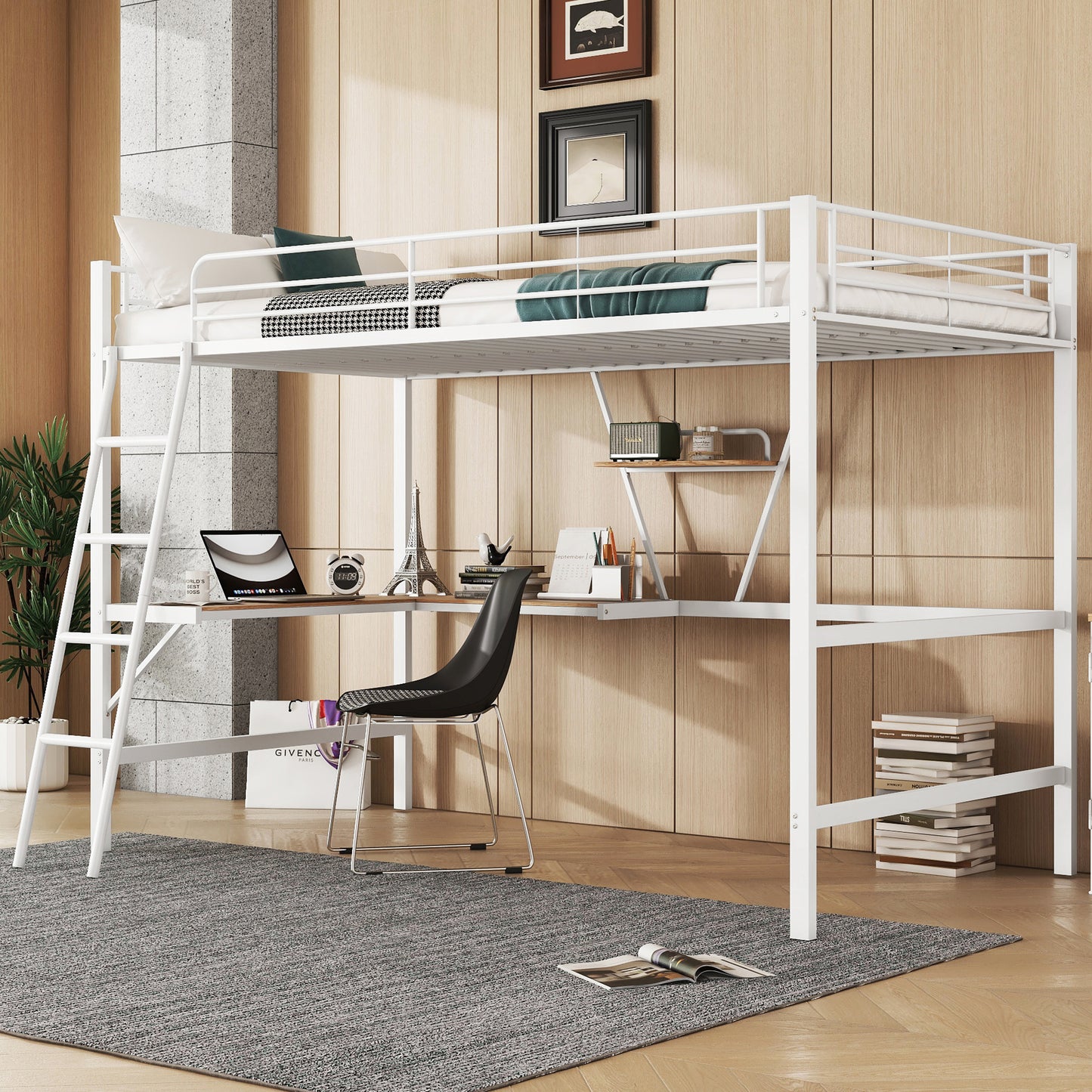 Loft Bed, 90x200cm Bed Frame Metal Bed, Iron Bed, Loft Bed With L-Shaped Desk And A Shelf For Children, Teenagers And Adults, Without Mattress, White