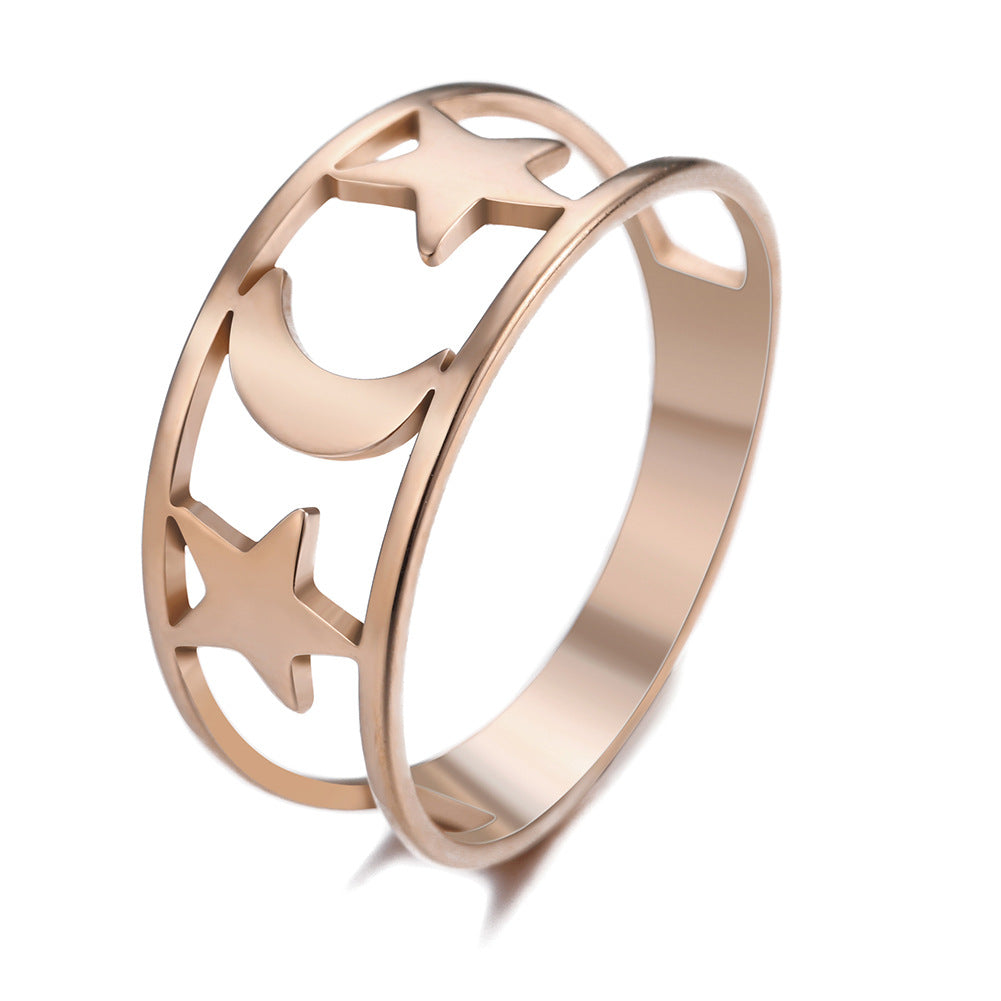 Japanese And Korean-style Hollow Star And Moon Stainless Steel Ring