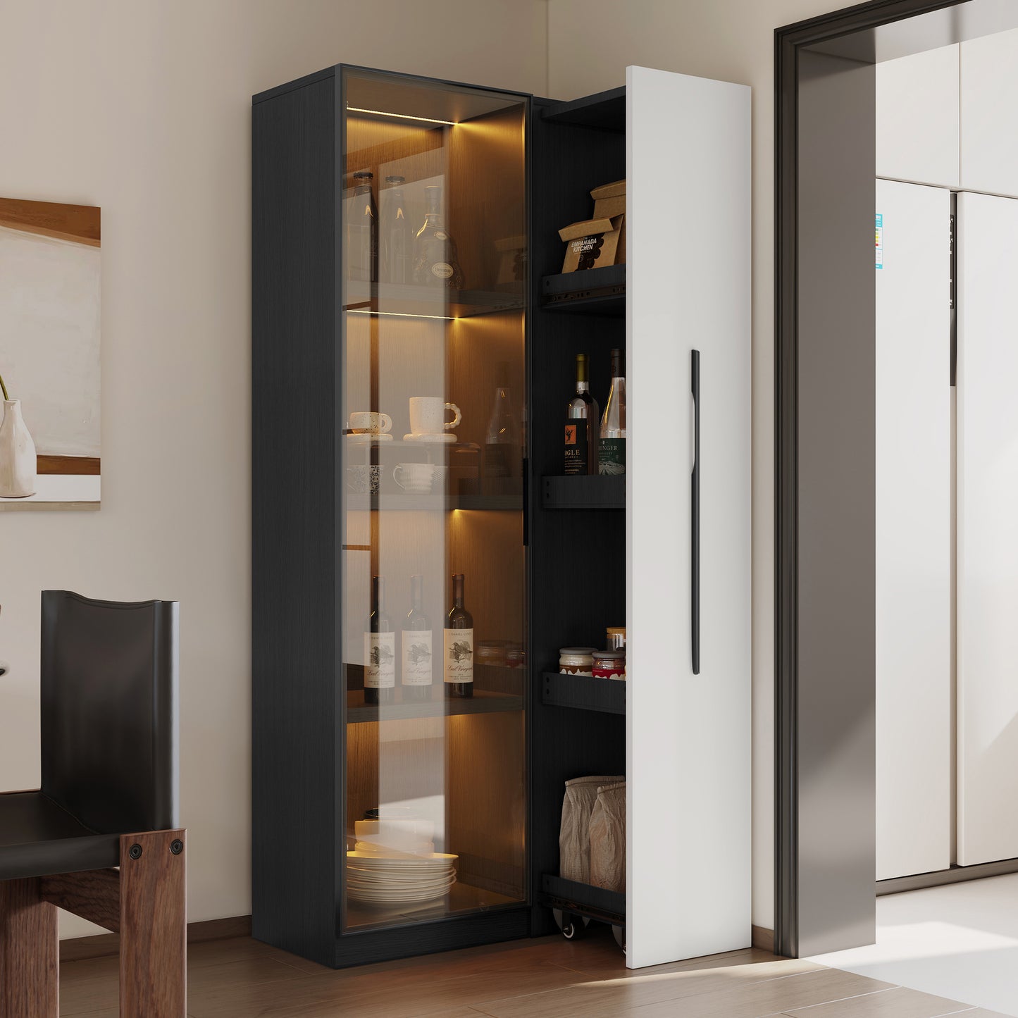 Multifunctional Cabinet 160 Cm High  Bookcase And Display Cabinet With Tempered Glass Doors, Aluminium Door Frame, 1 Door, 1 Side Drawer, With Castors And LED Lighting  Display Case, Dining Room