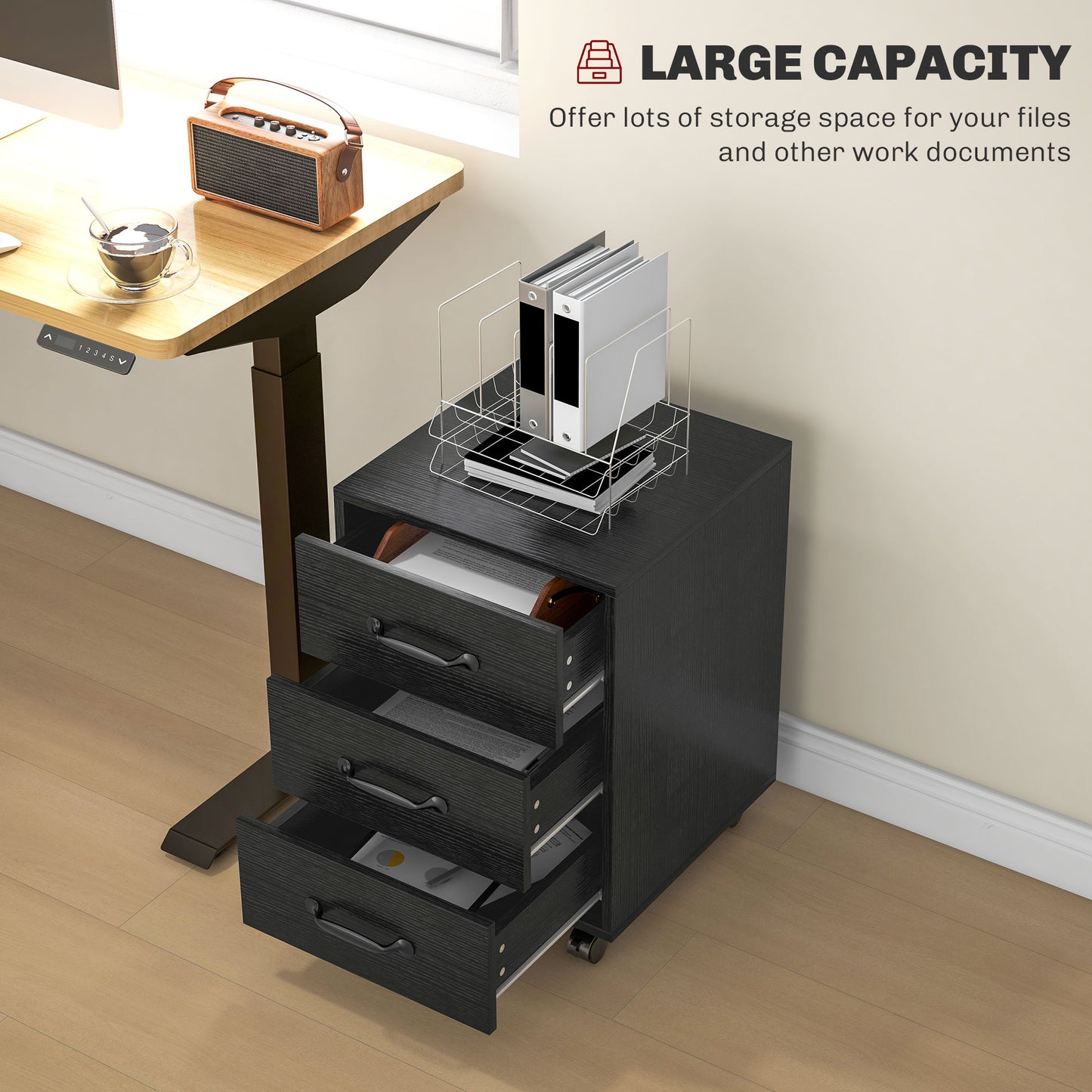 3 Drawer File Cabinet, Mobile Filing Cabinet On Wheels For Home Office, Study, Black