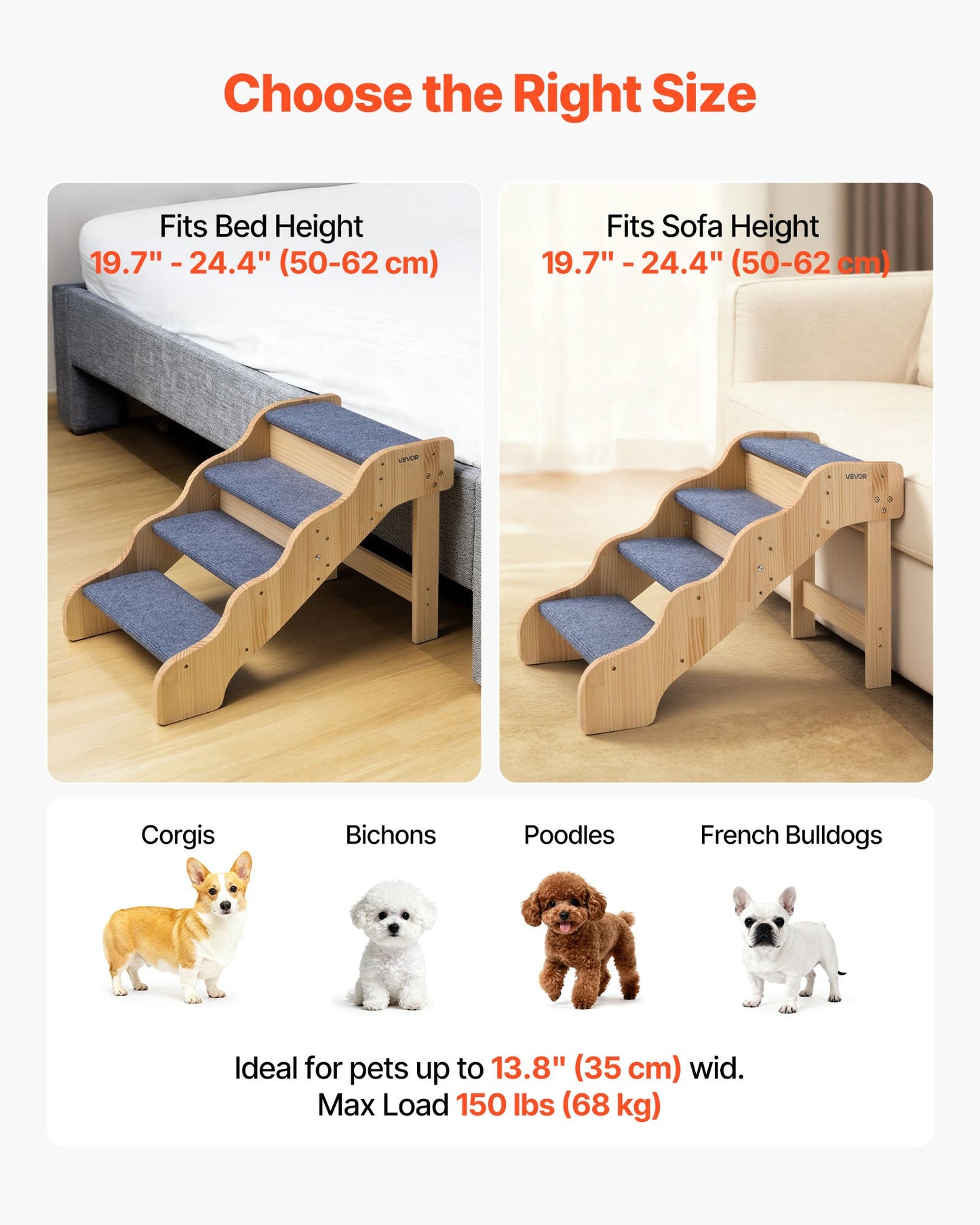 Wood Pet Stairs, 4-Step Dog Stairs For High Beds, Sofa & Cars, 150lbs Load Capacity, Non-Slip Surface, Stable Cat & Dog Step Ladder For Small Medium Large Older Pet Puppy Essentials