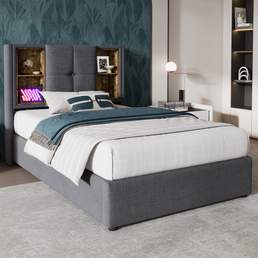 Single Bed With Wireless Charging USB C, Upholstered Bed Bed Frame 90x200cm, Bed Frame With Storage Slatted Base Made Of Wood-grey Cotton  Without Mattress