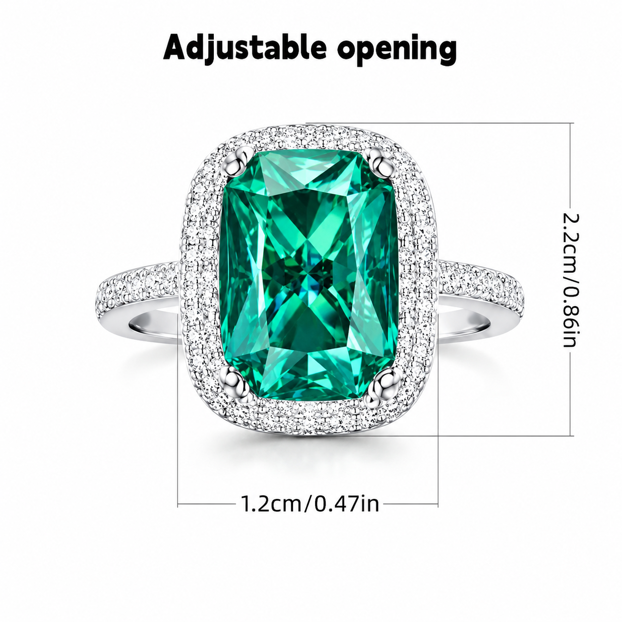 Rectangular Emerald Green CZ Double Halo Open Adjustable Statement Ring For Women, Copper Silver Plated Full Pave White Crystal Vintage Wedding Banquet Jewelry Gift