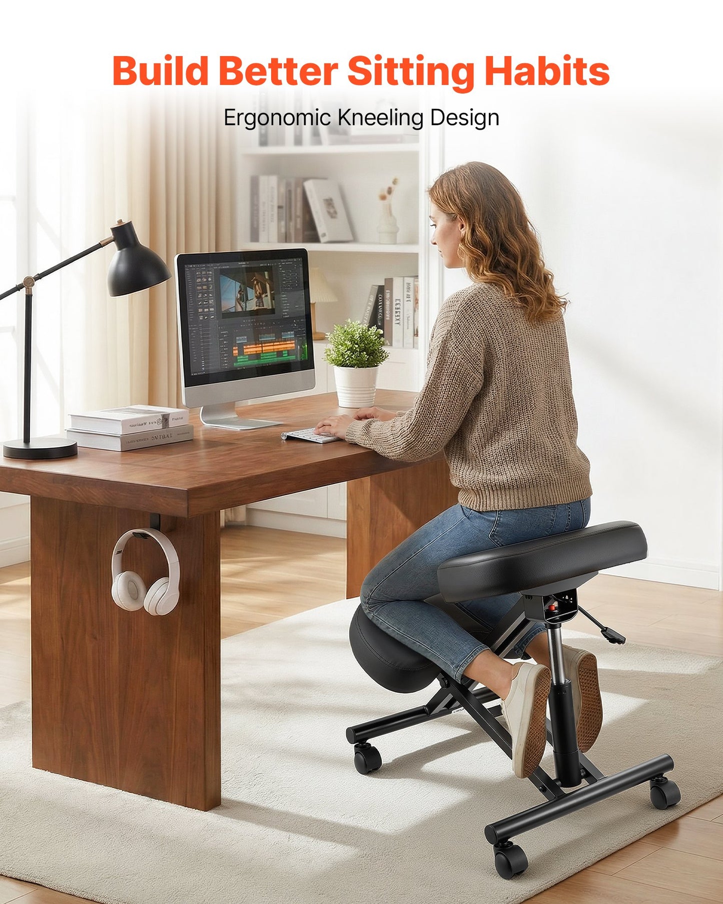 Ergonomic Kneeling Chair With Wheels, Mobile X-Shaped Posture Knee Chair With Adjustable Height & Thick Foam Cushions, Natural Relief For Neck Or Back Pain For Home, Office Or Meditation, Black