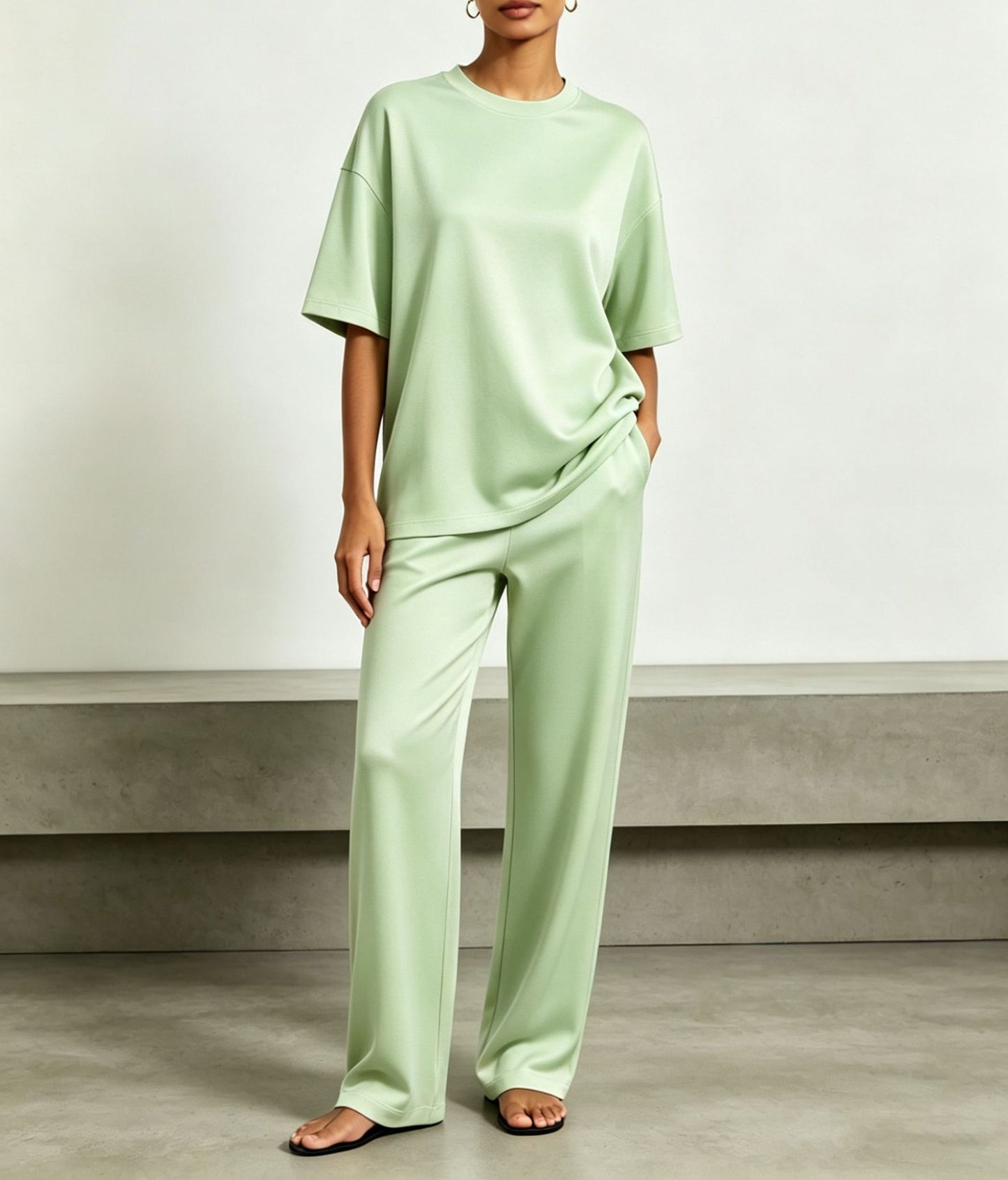 SpringSummer New Arrival Draped Solid-Color Slimming Wide-Leg Pants Set