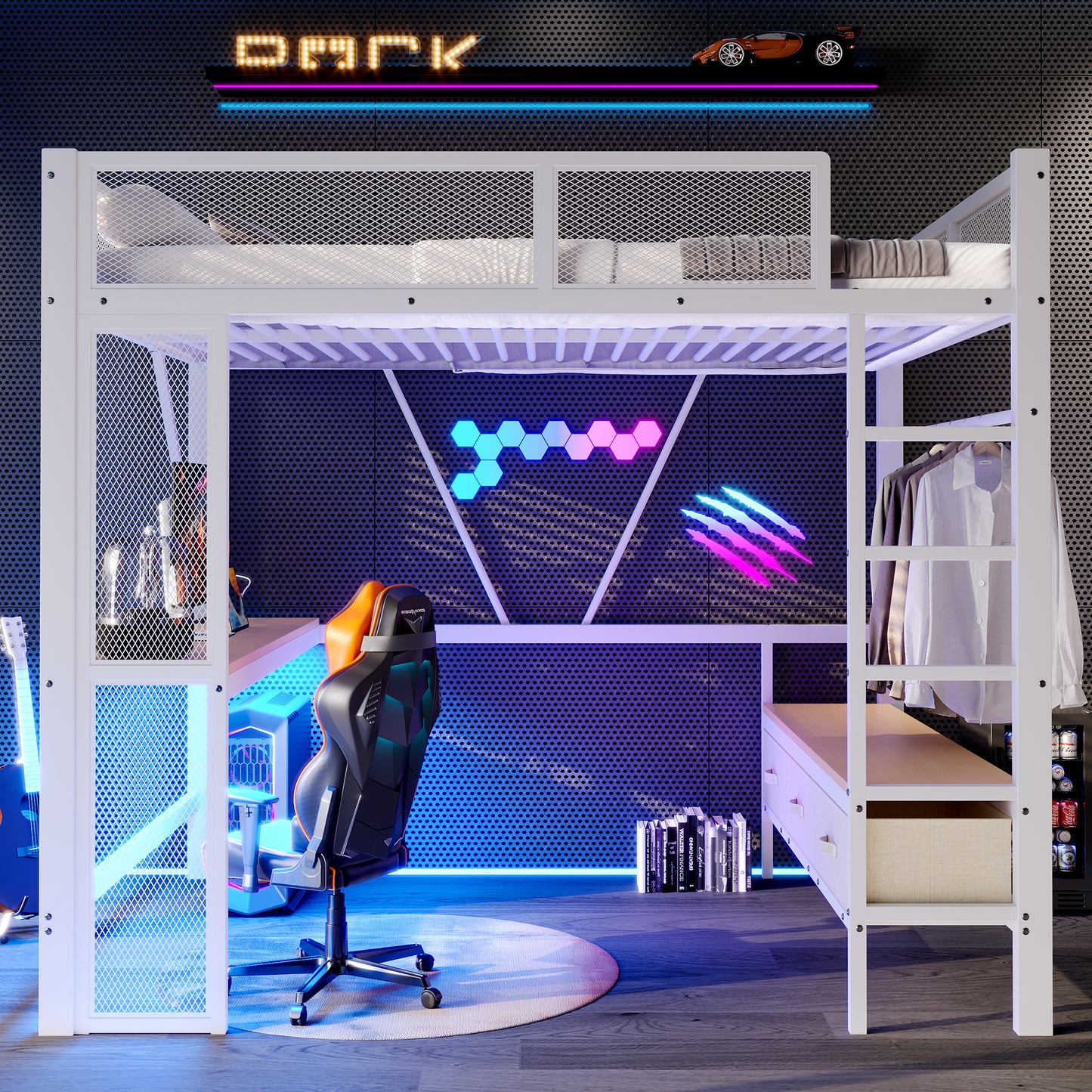 140 X 200 Cm Metal Play Loft Bed With USB, LED, Desk, Open Wardrobe And 3 Laundry Drawers, White