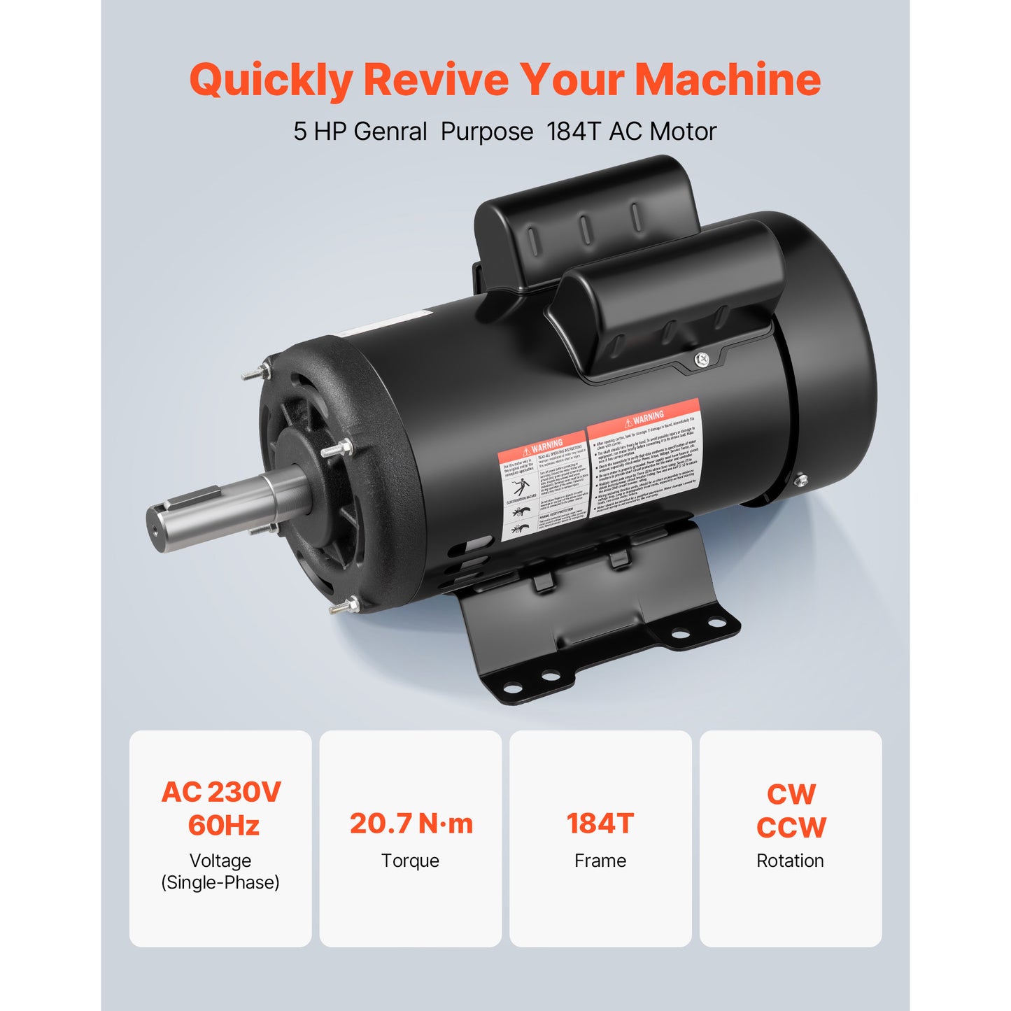 5 H P Electric Motor, 1725RPM Air Compressor Motor, CW CCW Rotation, 1.125 Inch Shaft Diameter, 2.75inch Shaft Length, 20.7N.m Torque, Single-Phase, ODP Cooling, 230V, 184T Frame