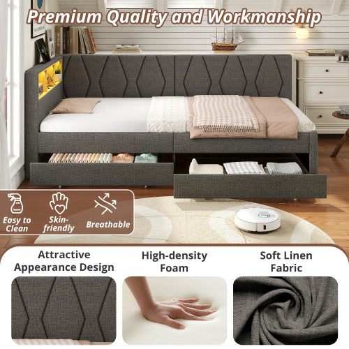 3ft Single Daybed With Two Storage Drawers, LED Modern Bed Frame With Charging Station, Linen Sofa Bed For Living Room Bedroom Study Room, 90X190cm, Easy Assembly, Grey