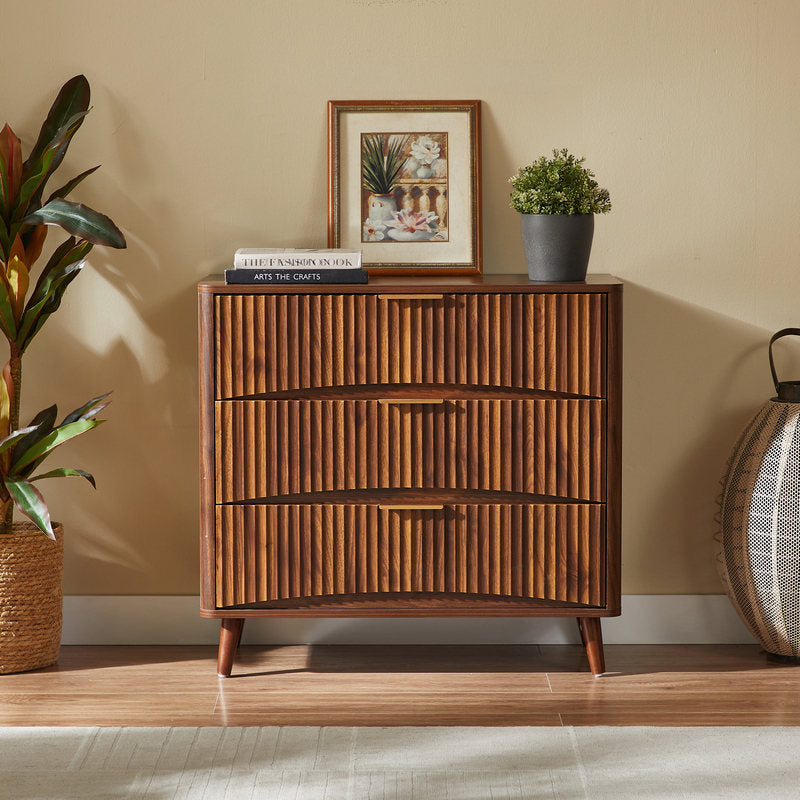 Fluted 3-Drawer Dresser, Mid-Century Modern Tall Chest W Vertical Grooved Design, Solid Wood Storage Cabinet W Metal Handles For Bedroom Living Room, Walnut