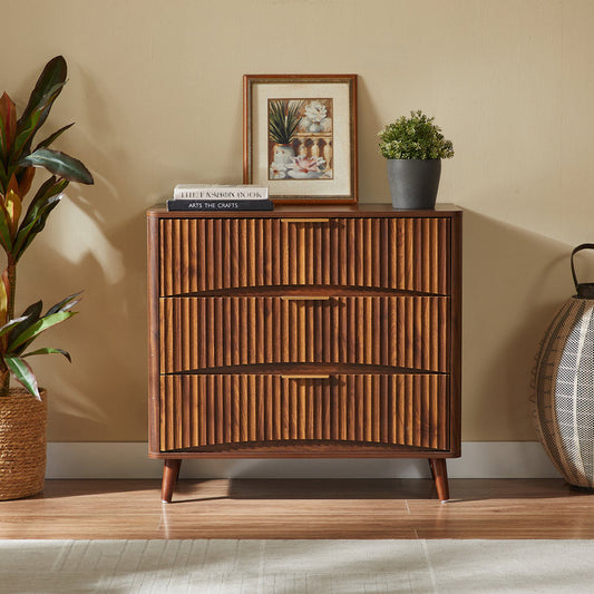 Fluted 3-Drawer Dresser, Mid-Century Modern Tall Chest W Vertical Grooved Design, Solid Wood Storage Cabinet W Metal Handles For Bedroom Living Room, Walnut