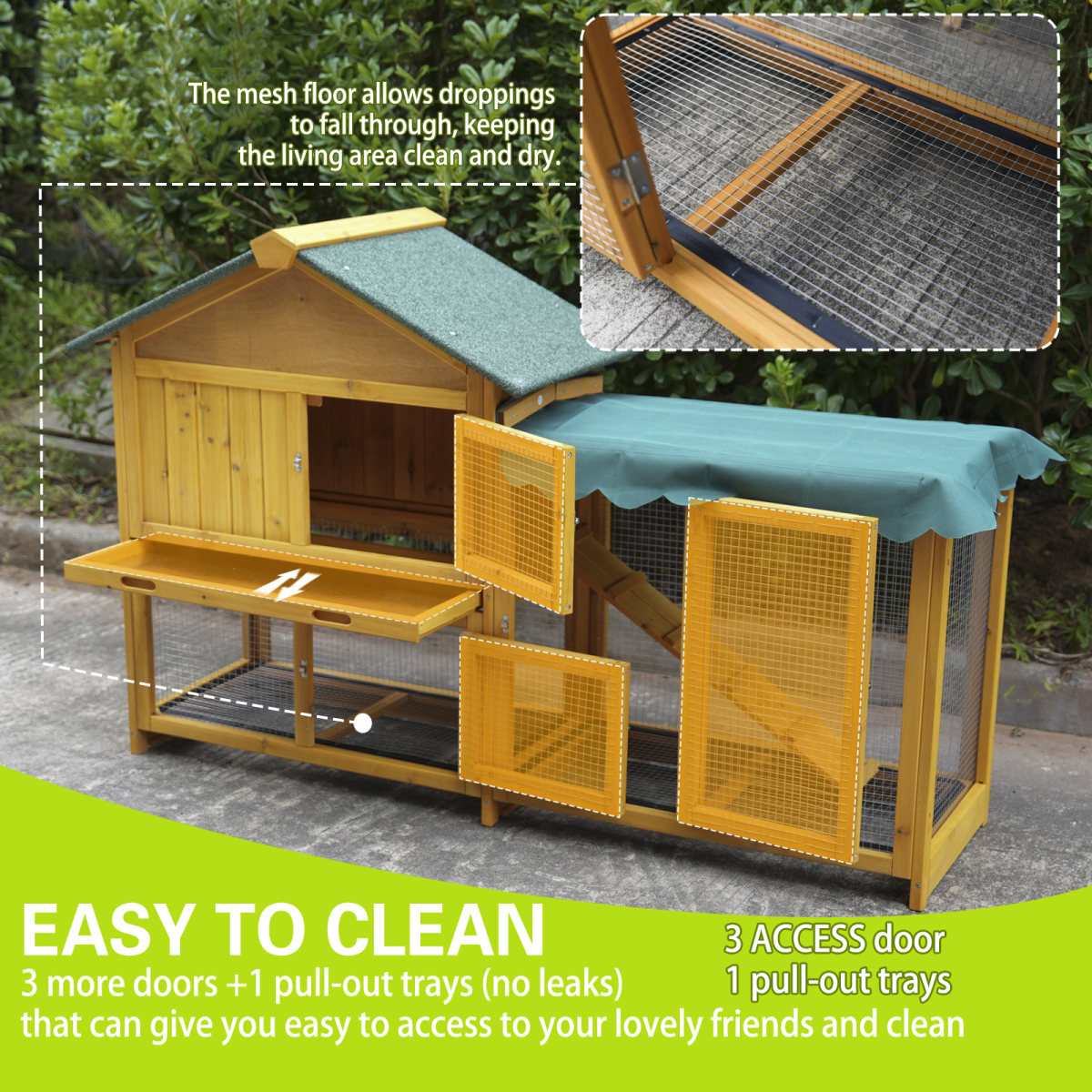 Rabbit Hutch, Indoor Bunny Cage, Outdoor Rabbit Cages With Run, Pet House With Deeper No Leak Tray, UV Panel, Removable Bottom Wire Mesh For Small Animals,Removable Waterproof And Sun Protection Cover