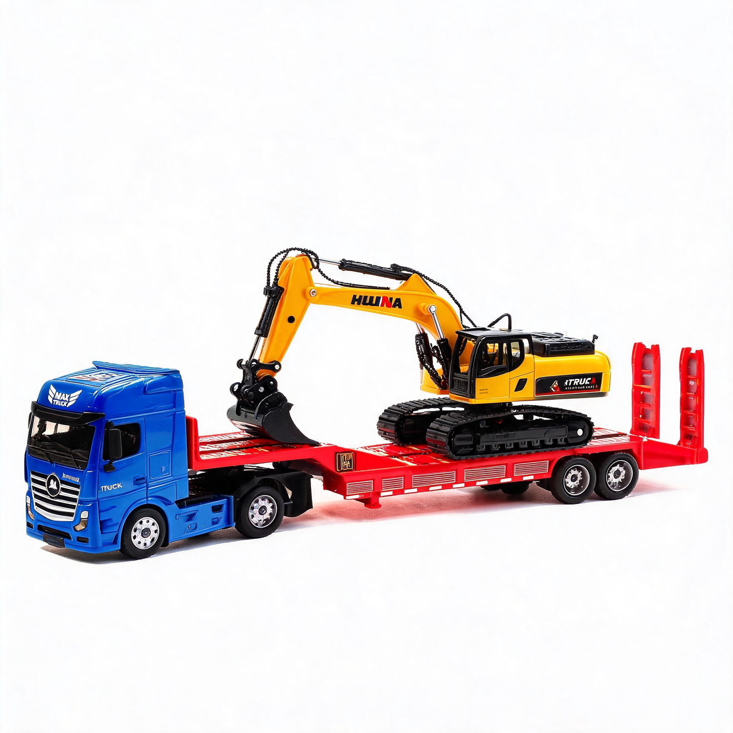 Flat Trailer Truck With Excavator Vehicles Toys, 1 50 Scale Diecast Site Trailer Truck, Toy Trucks For Kids, Gift For Him